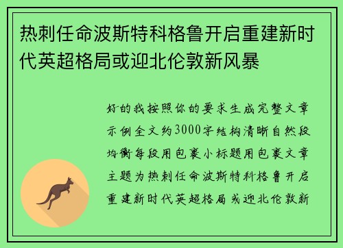 热刺任命波斯特科格鲁开启重建新时代英超格局或迎北伦敦新风暴