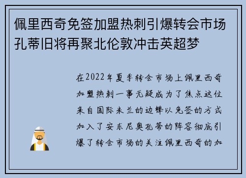 佩里西奇免签加盟热刺引爆转会市场孔蒂旧将再聚北伦敦冲击英超梦 佩里西奇免签加盟热刺引爆转会市场孔蒂旧将再聚北伦敦冲击英超梦